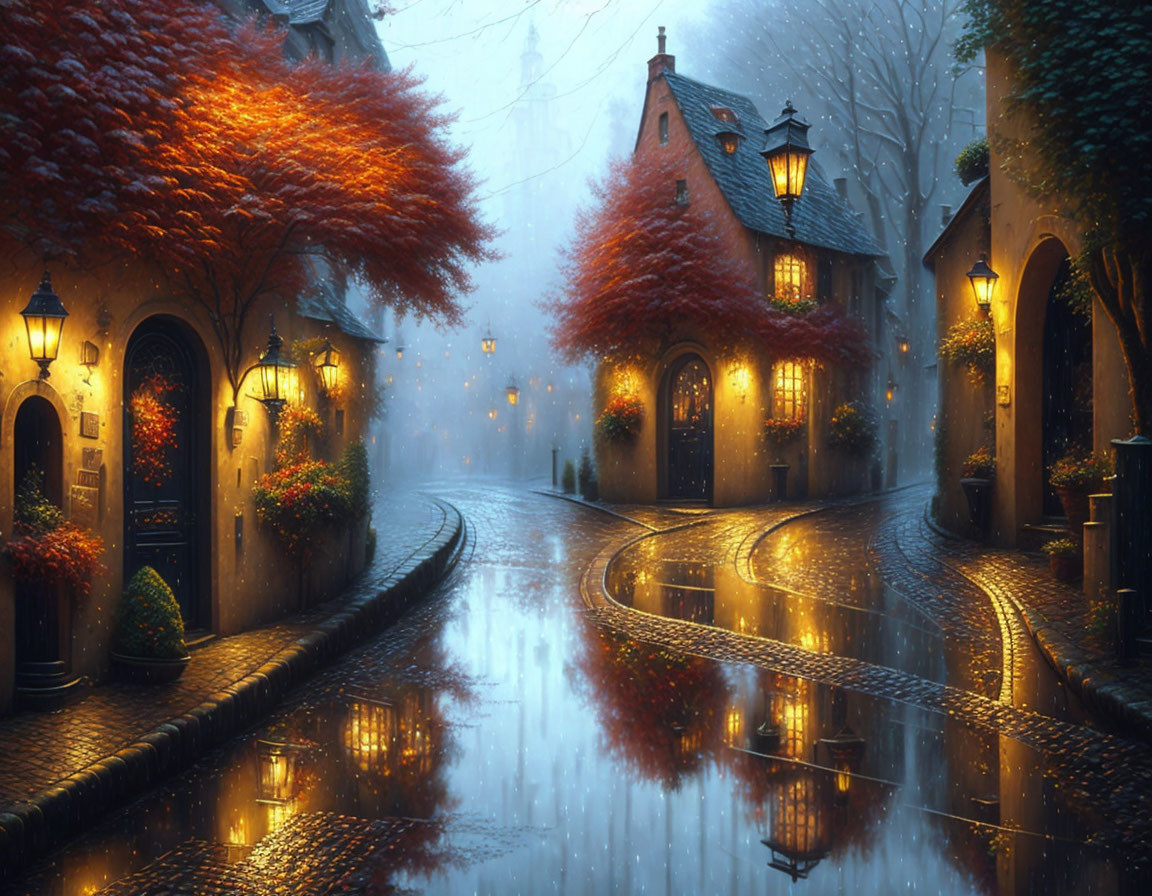 Cobblestone street with glowing lanterns and autumn trees in blue mist