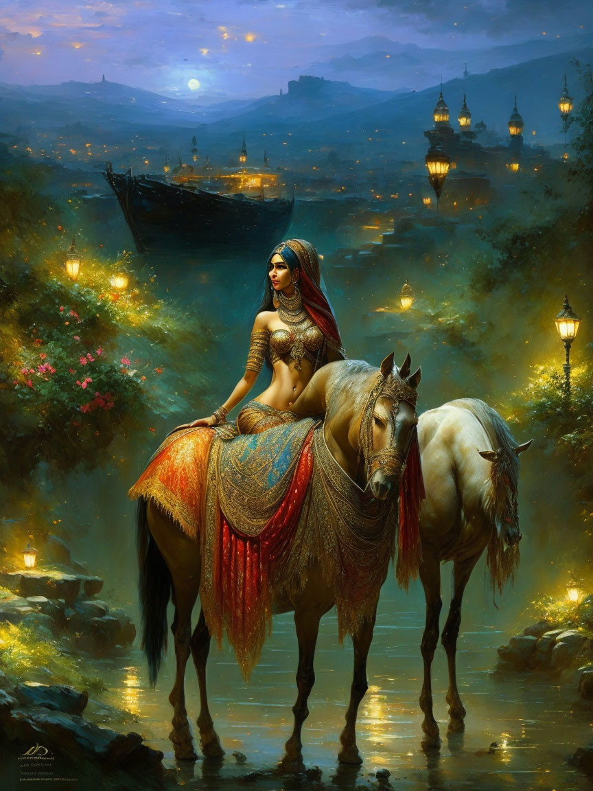 Elaborately dressed woman riding horse near luminous river at twilight