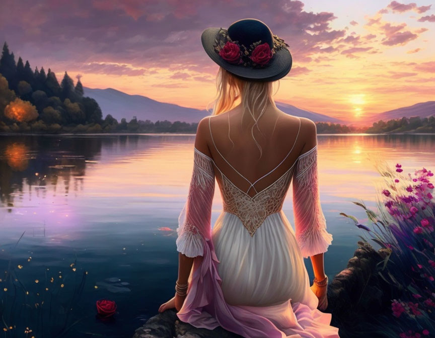 Woman in elegant dress and hat by serene lake at sunset with flowers and mountains.