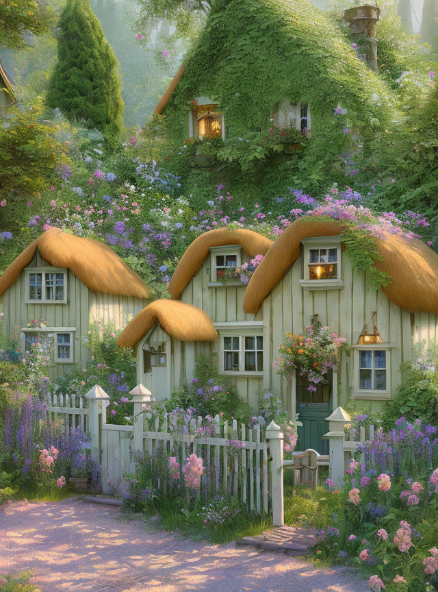 Rustic cottages surrounded by lush gardens and blooming flowers