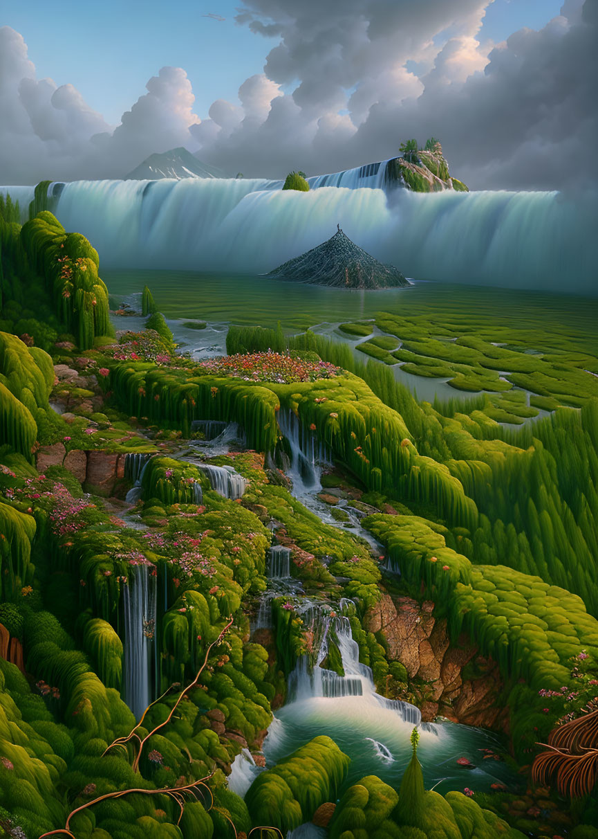 Surreal landscape with greenery, waterfalls, mountain, and vibrant sky