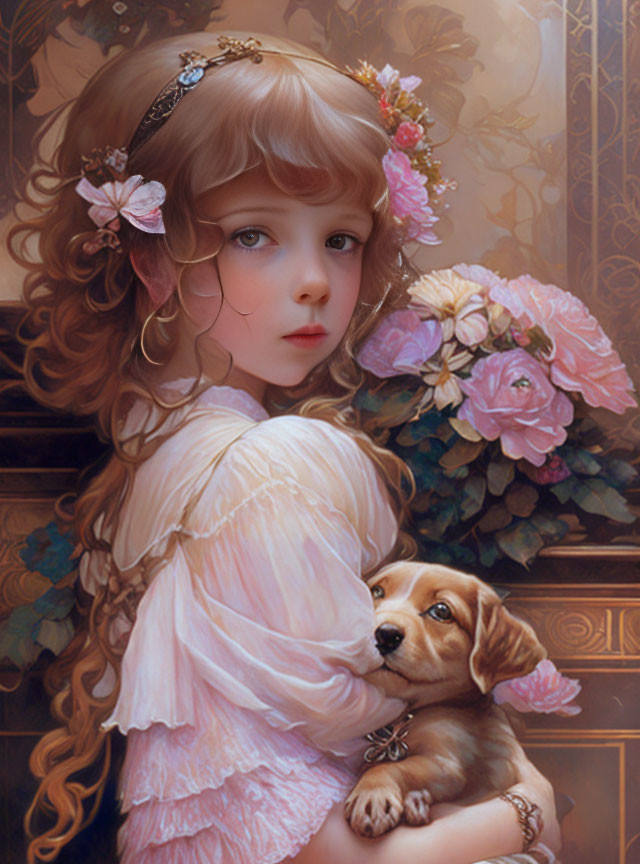 Portrait of girl with wavy hair and flowers holding dachshund puppy amidst roses.