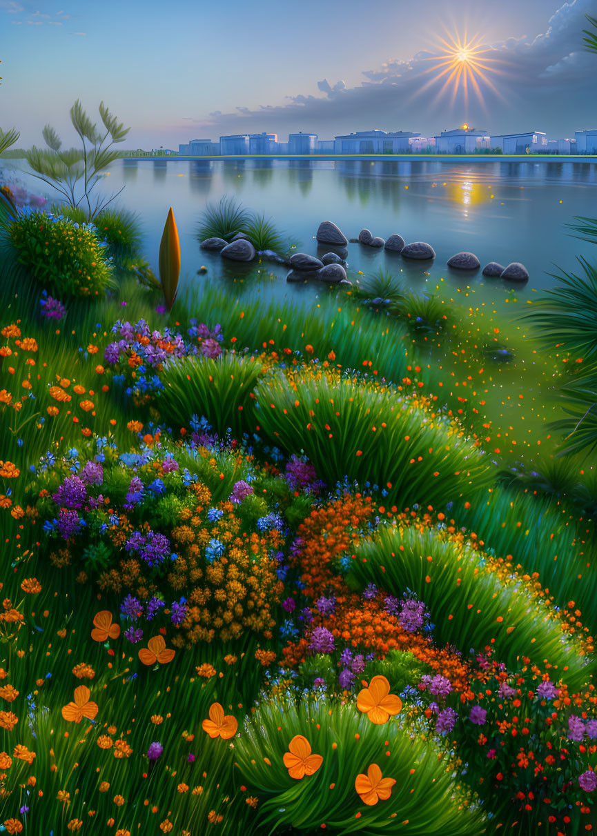 Colorful Lakeside Sunset Scene with Lush Foliage and Serene Water