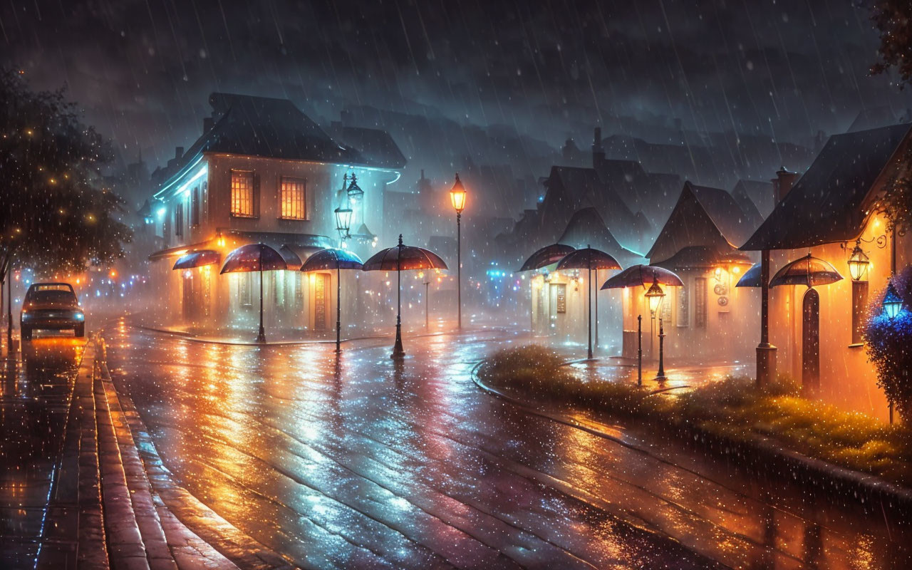 Rainy night scene: Wet cobblestone streets, quaint houses, illuminated street lamps.