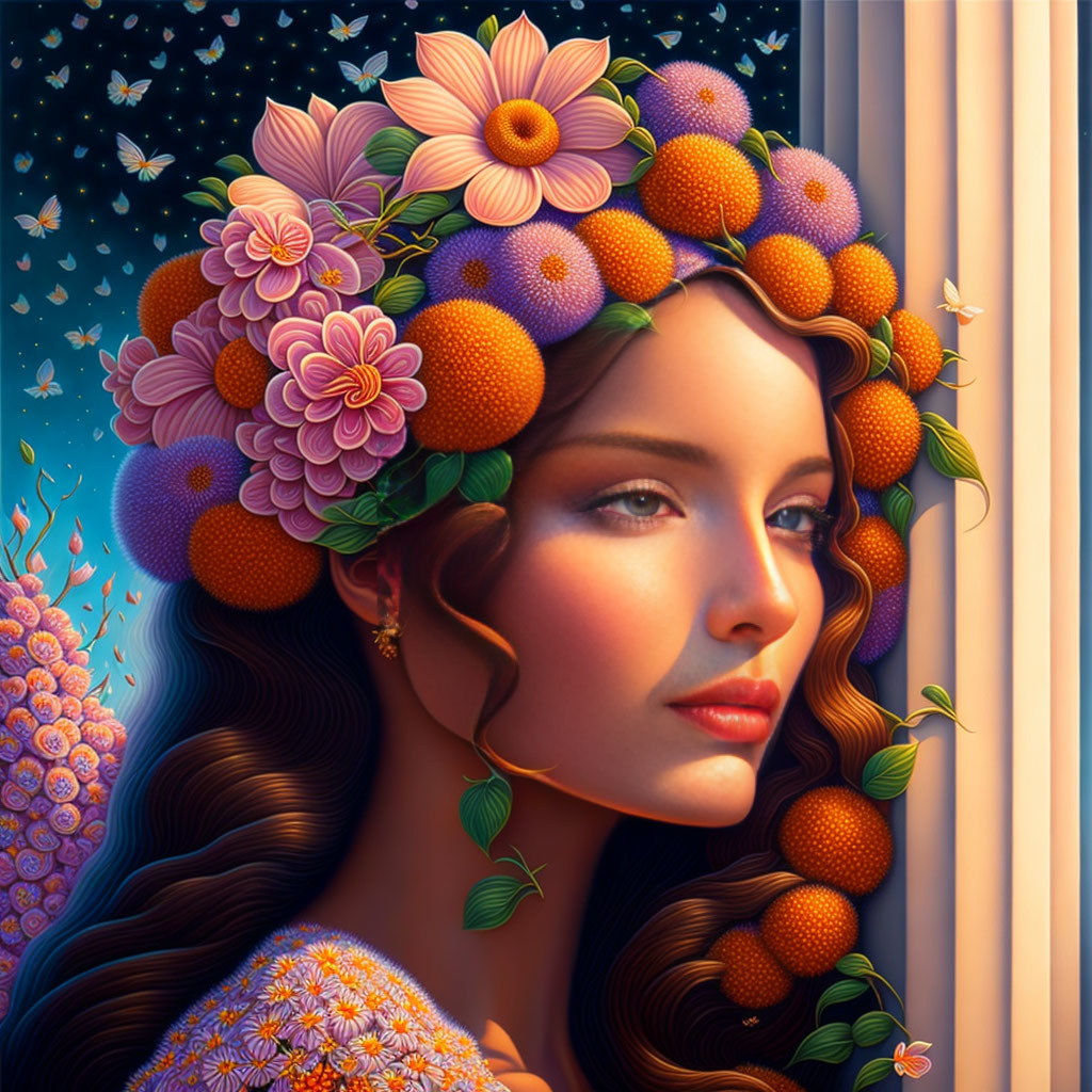 Woman with flower crown and oranges under starry sky and floral elements