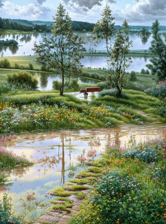 Tranquil landscape with winding path, wildflowers, red bench, reflective pond, hills, and