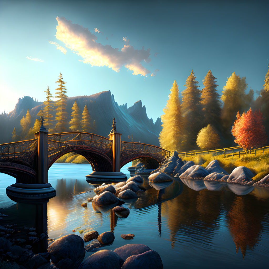 Tranquil autumn landscape with ornate bridge over calm river