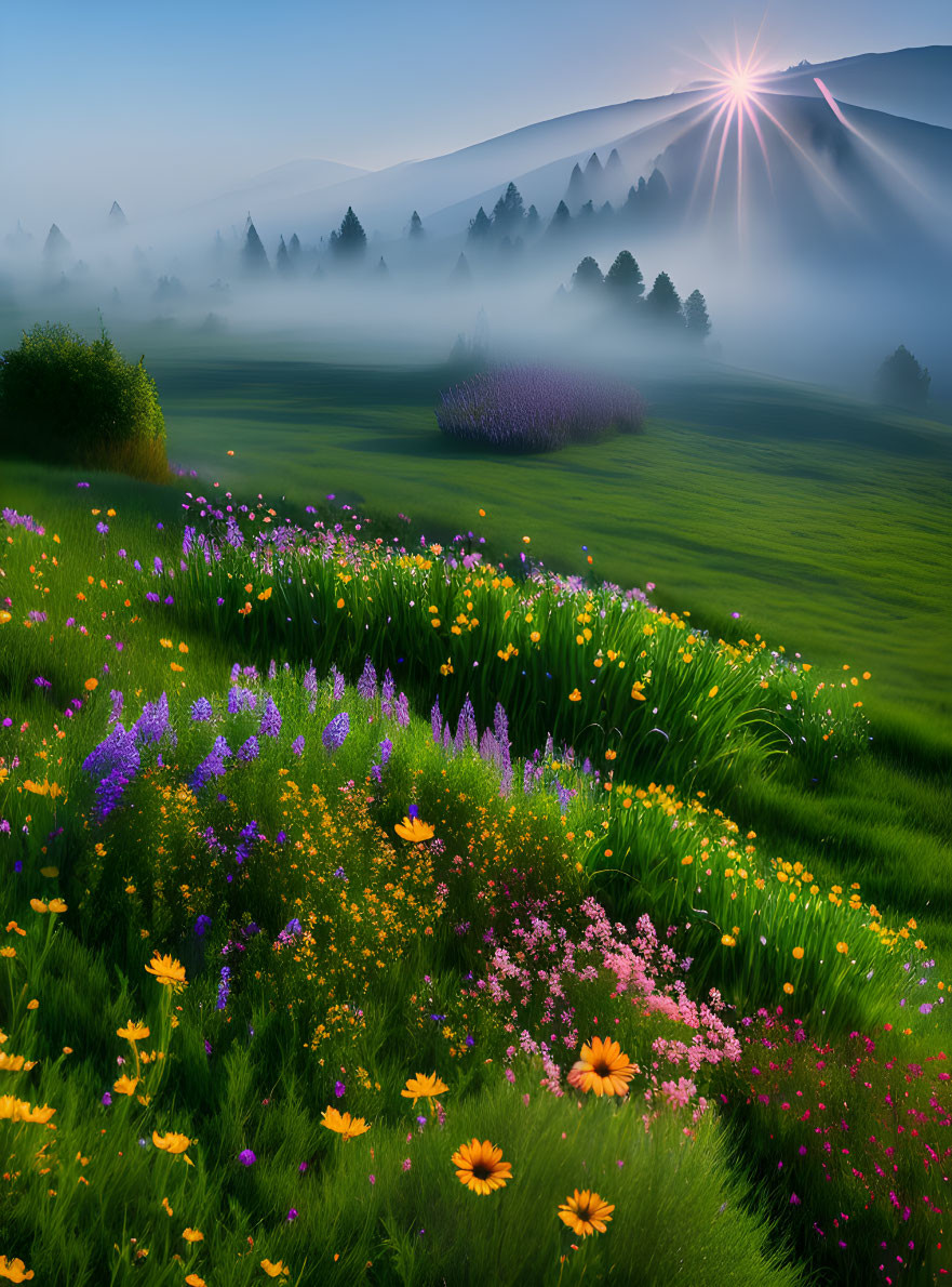 Misty sunrise over flower-filled meadow with mountains and sunlight rays