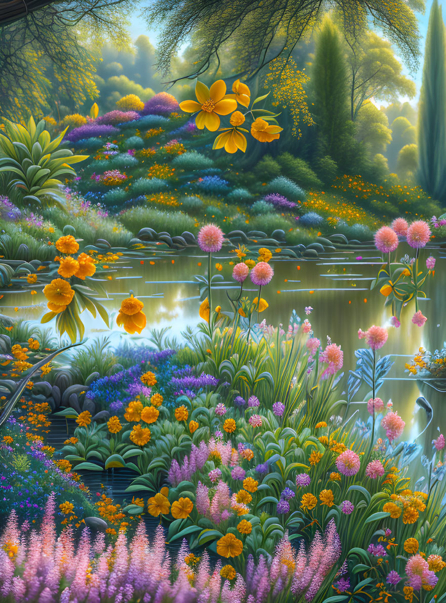 Lush garden with diverse flowers, serene pond, and misty atmosphere