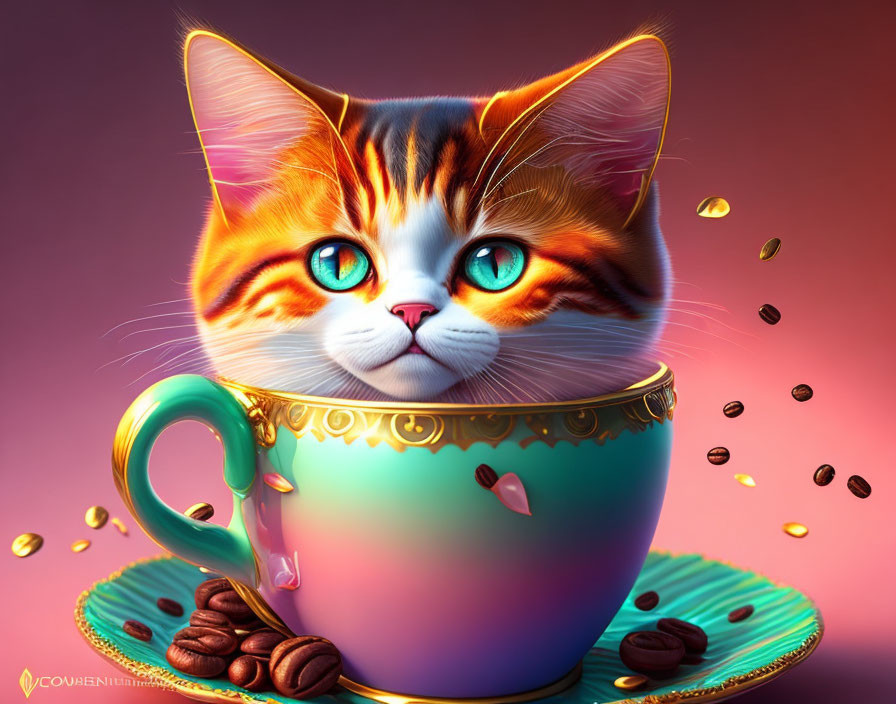 Colorful Digital Artwork: Expressive Cat with Large Eyes in Teacup surrounded by Coffee Beans