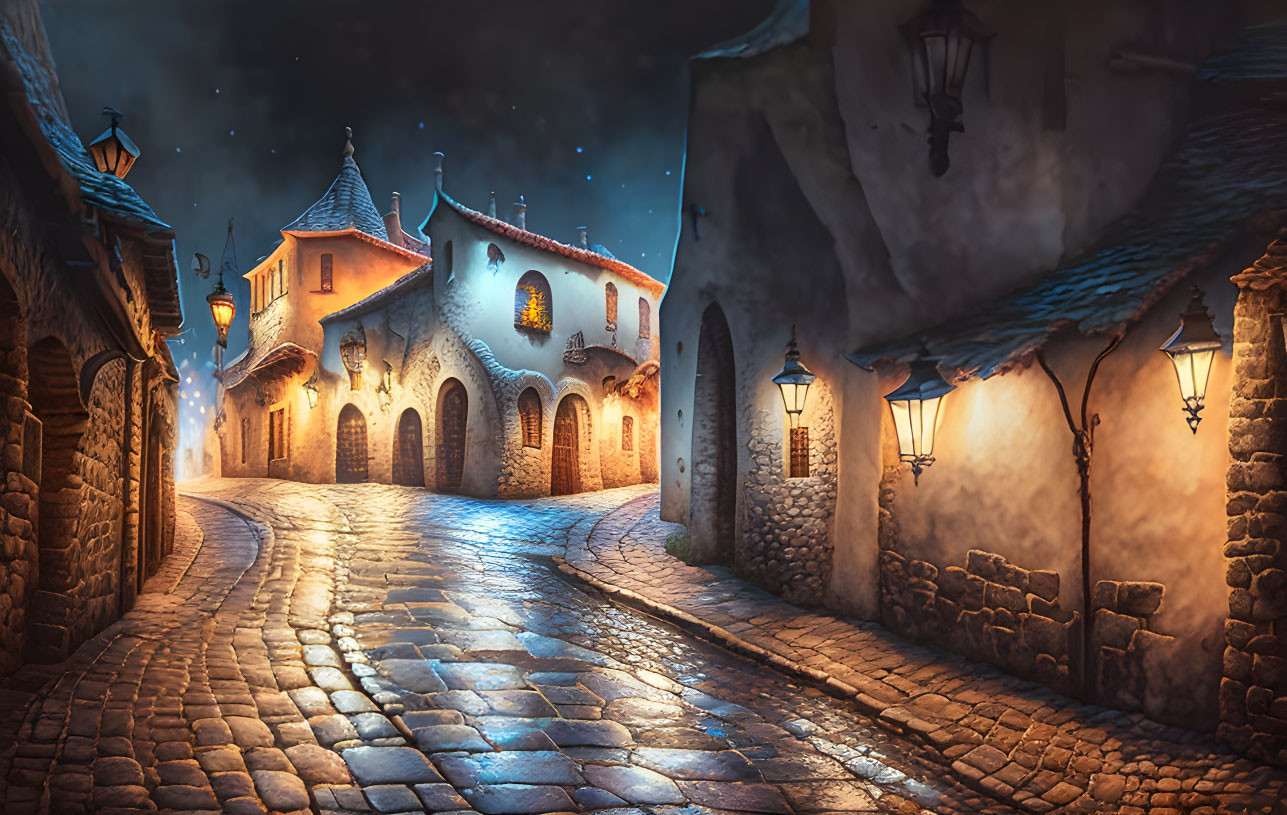 Picturesque cobblestoned street at night with warm street lantern glow