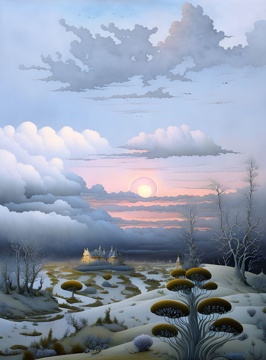 Fantastical sunset castle scene with snowy landscape and whimsical trees.