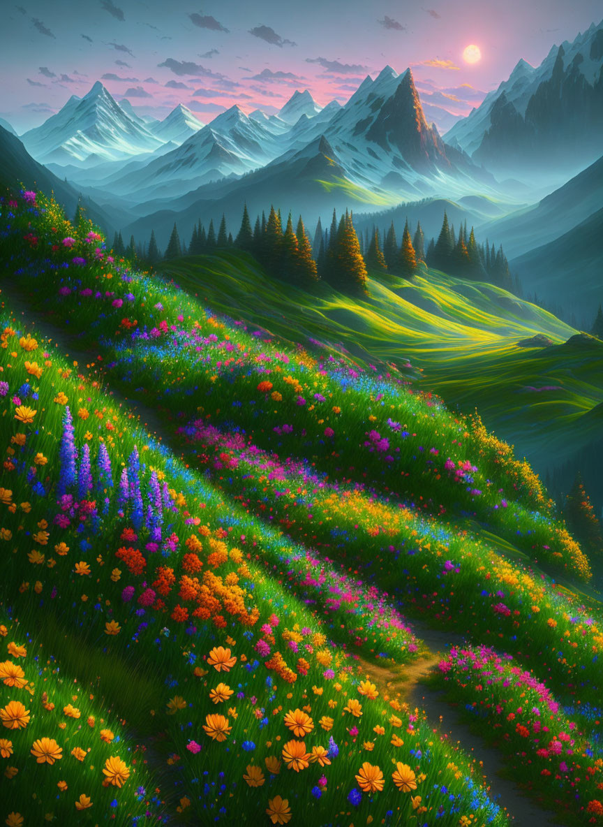 Colorful Wildflowers on Rolling Hills with Snow-Capped Mountains