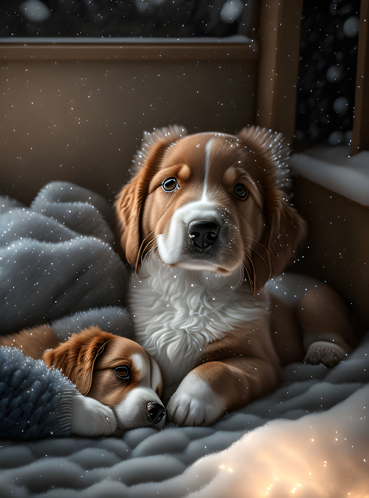 Adorable puppies snuggle in snowfall scene