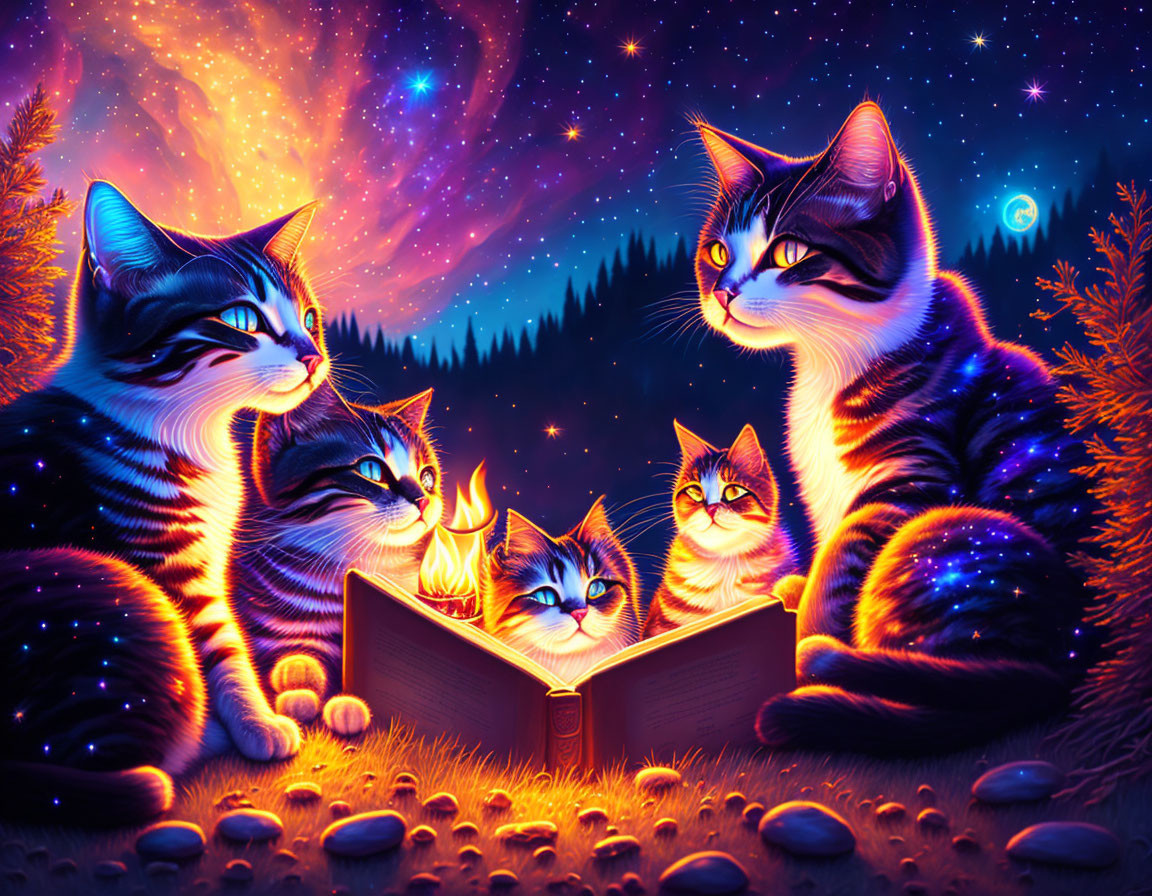 Four cartoon cats under starry sky with glowing book