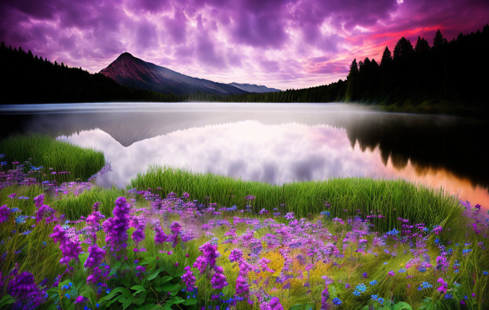 Tranquil lake with mountain, wildflowers, and colorful sky