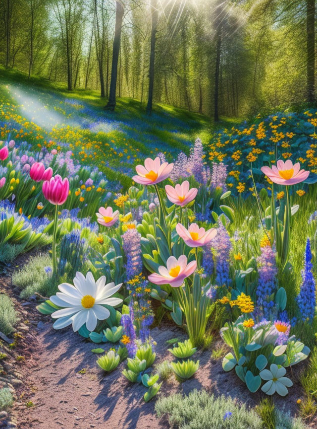 Colorful garden with tulips, daisies, and blooming flowers under green trees