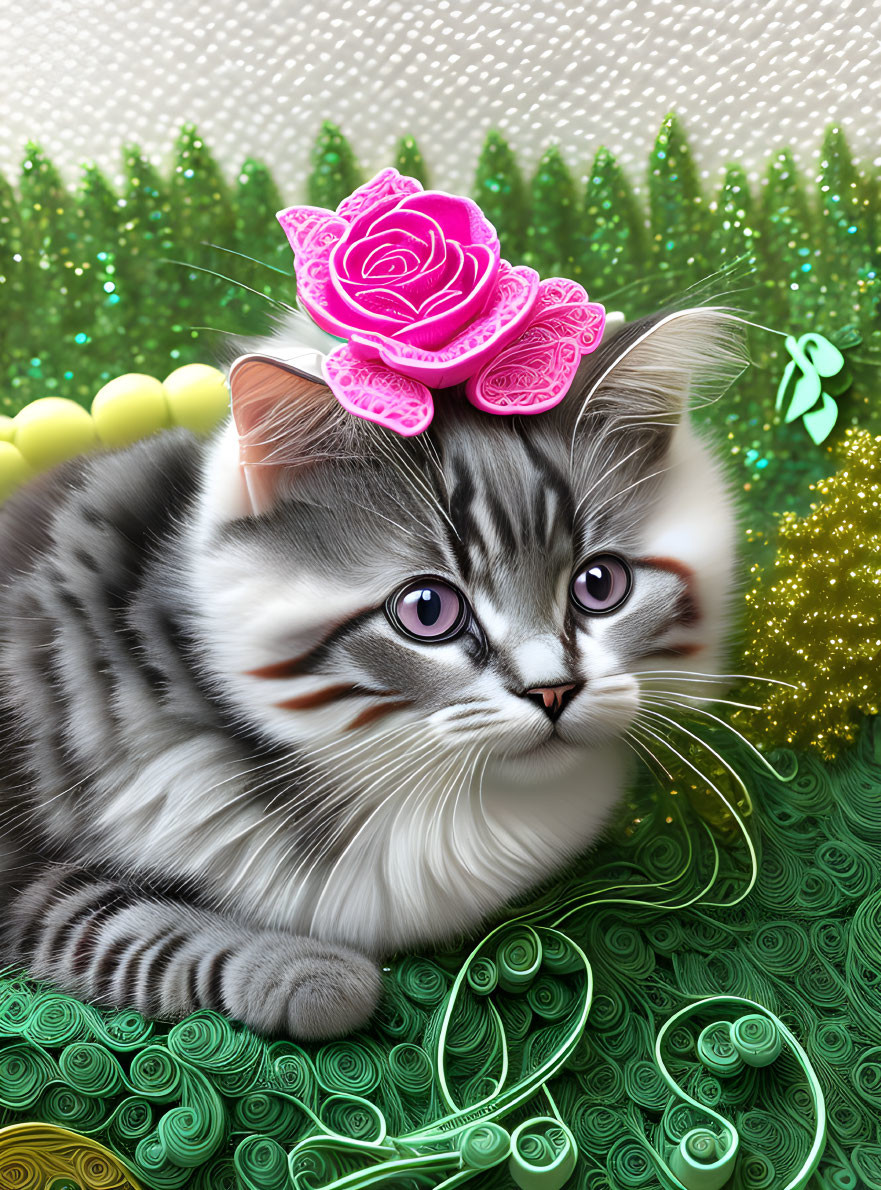 Gray and White Cat Digital Artwork with Pink Eyes and Rose Against Green Quilling Patterns