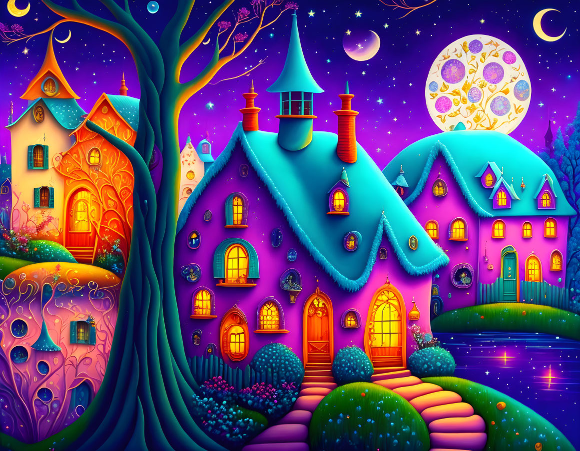 Colorful fantasy houses and magical tree under starry night sky