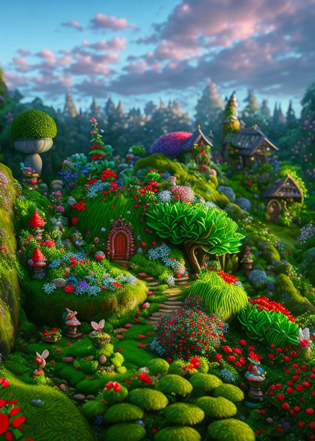 Enchanting garden with vibrant flowers and fairy-like cottages