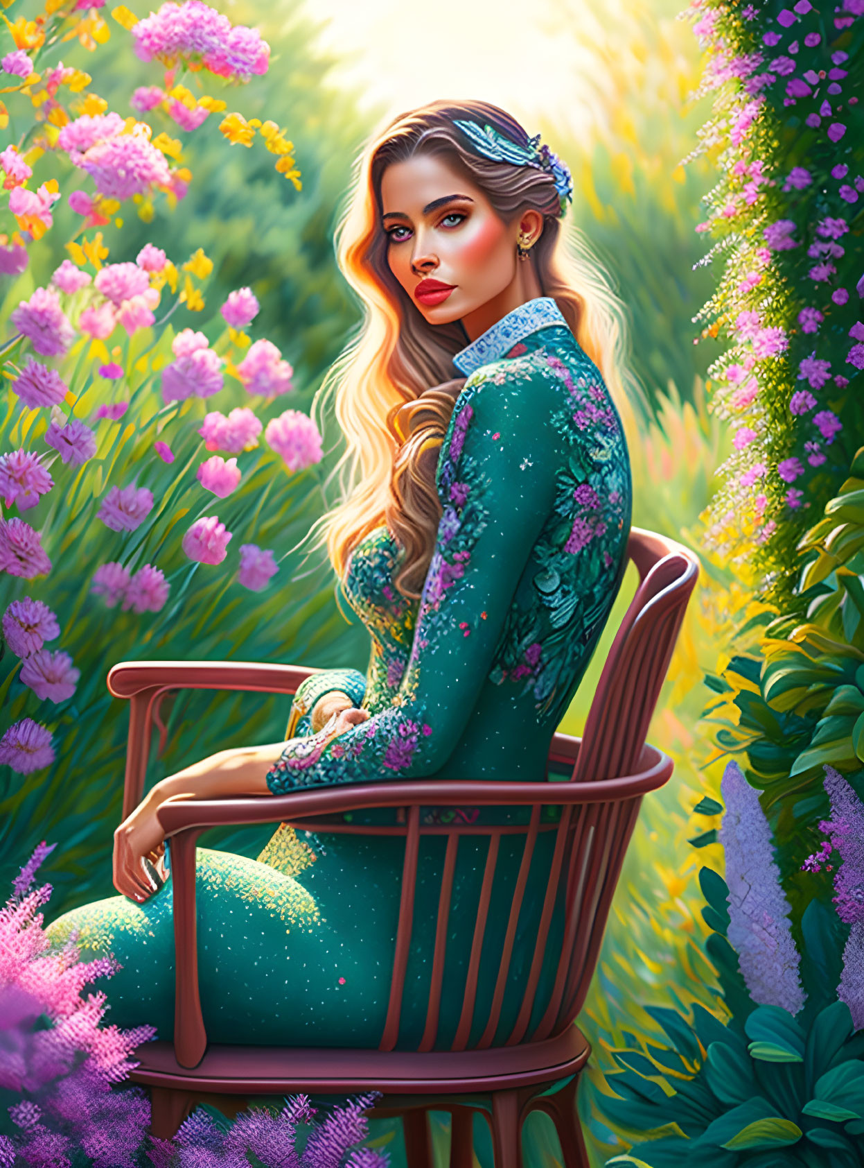 Blonde woman in green dress among vibrant flowers