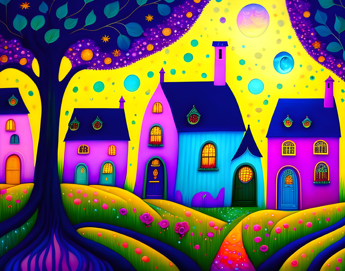 Colorful Houses and Trees Under Moonlit Sky Illustration