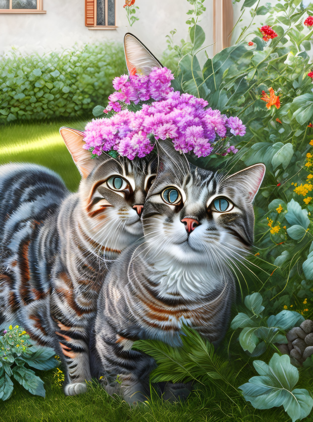 Illustrated cats with striking eyes in lush garden with floral crown