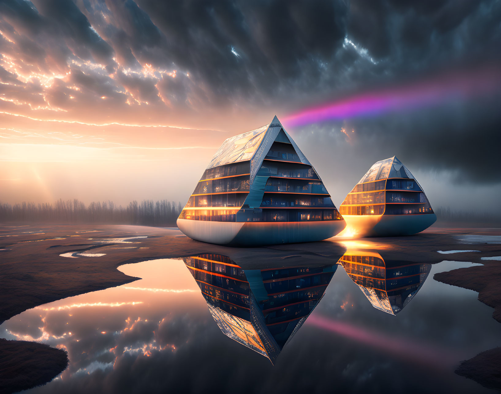 Mirrored futuristic dome buildings reflected on water under dramatic sky