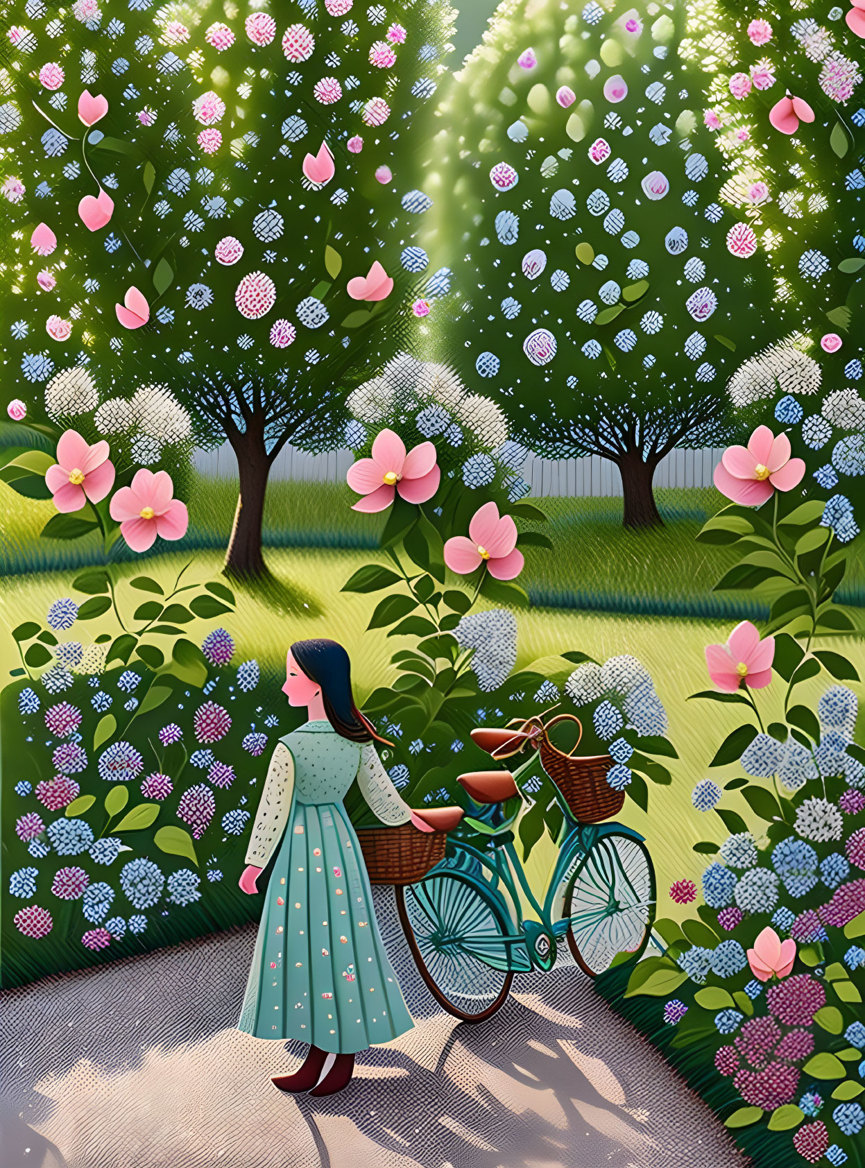 Woman in Polka Dot Dress Walking Among Blooming Garden