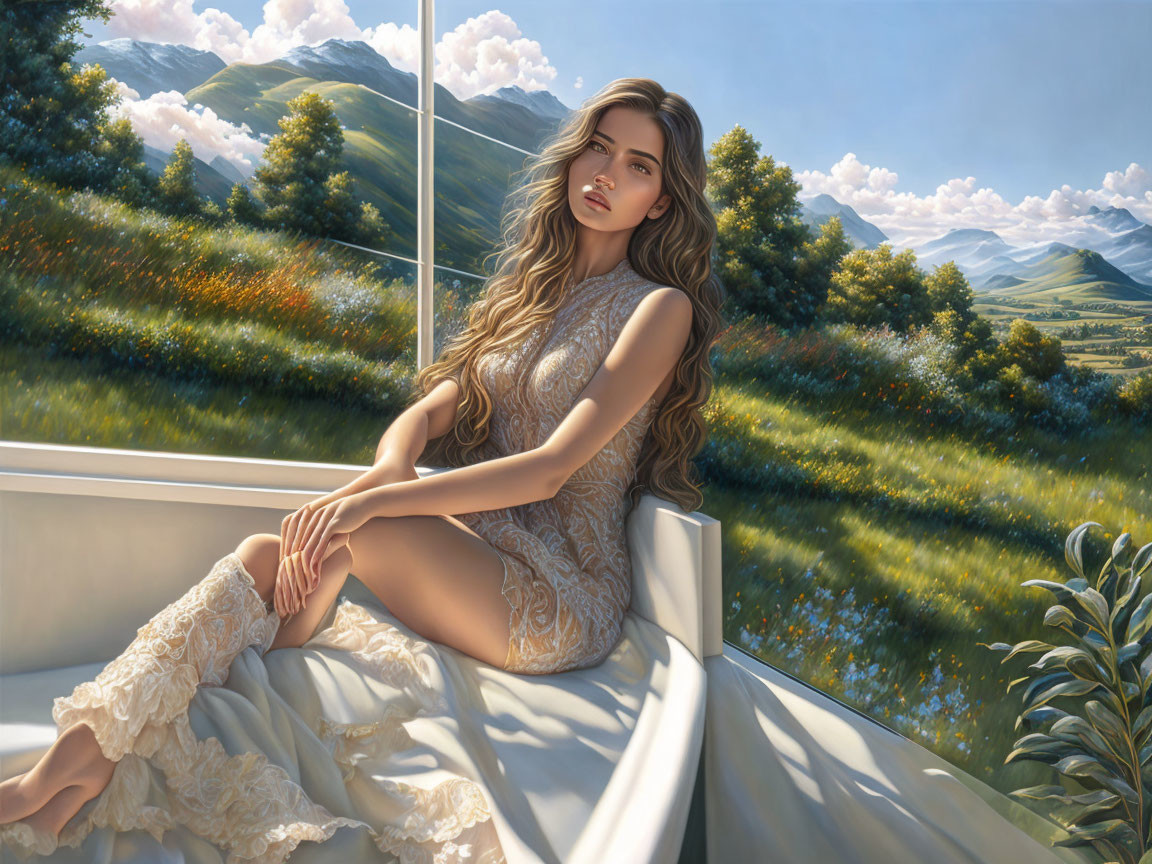 Woman Relaxing in White Bathtub in Sunlit Meadow