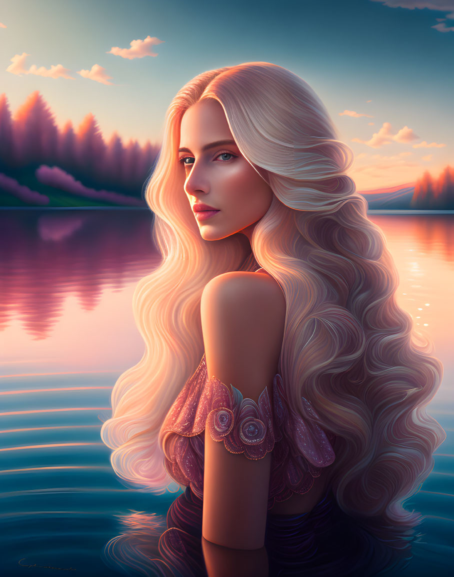 Digital art portrait of woman with white hair and purple dress by serene lake at sunset