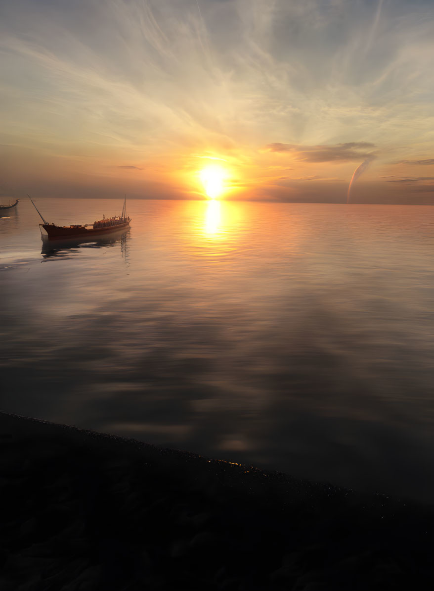 Tranquil sunset over calm waters with boat silhouette in vivid orange sky