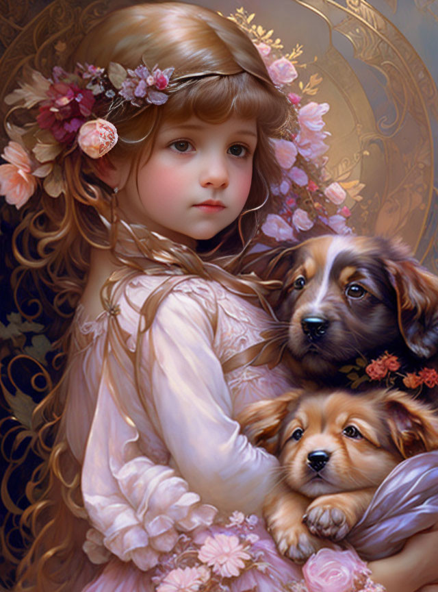 Young girl in pink dress embraces puppies against golden backdrop