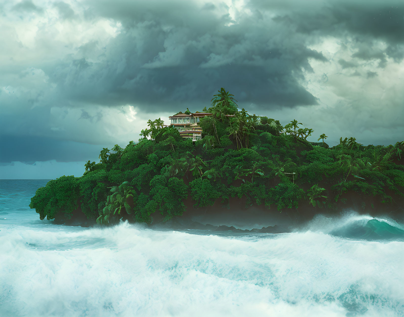 Isolated hilltop mansion on lush island in stormy setting