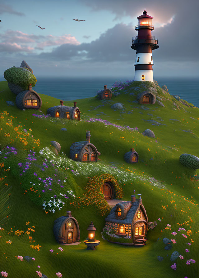 Fairytale cottages and lighthouse on whimsical hillside at twilight