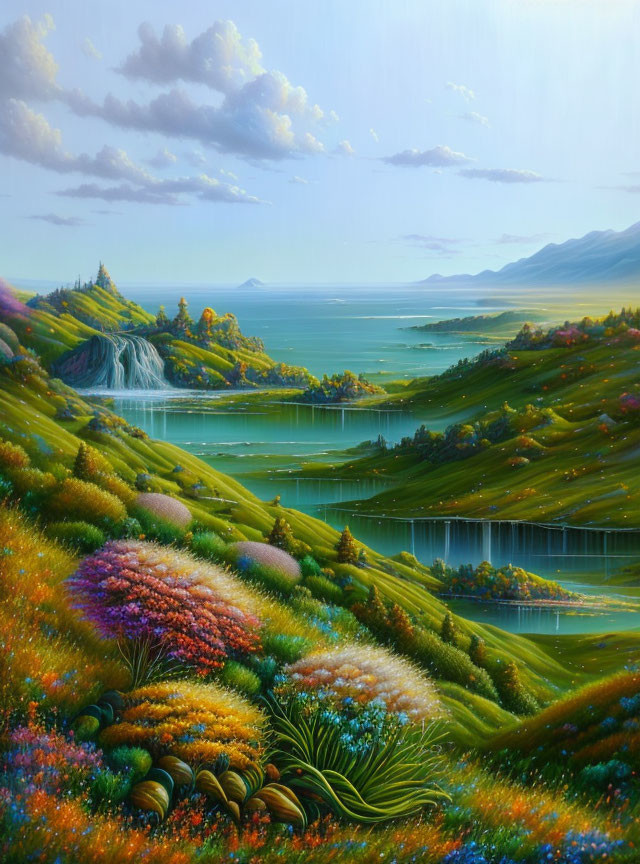 Colorful Flowering Hills, Serene Lakes, Waterfall, and Mountains in a Vibrant Landscape