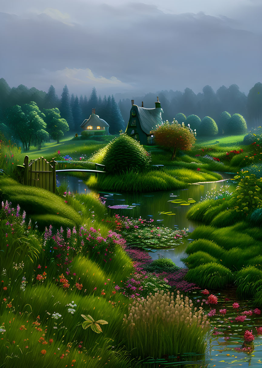 Tranquil landscape with greenery, flowers, pond, cottages in misty hills