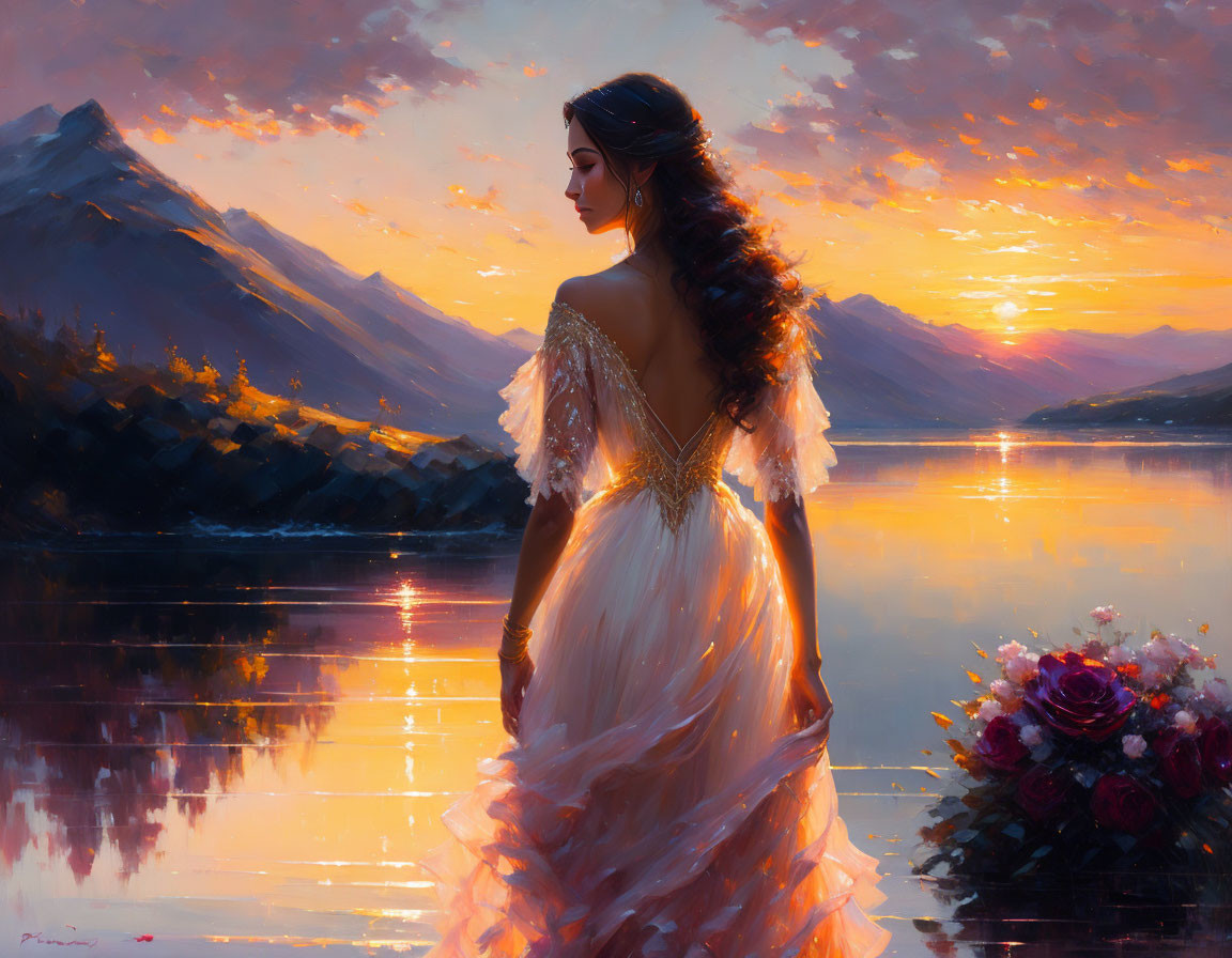 Woman in elegant dress by lakeside at sunset with mountains and bouquet.