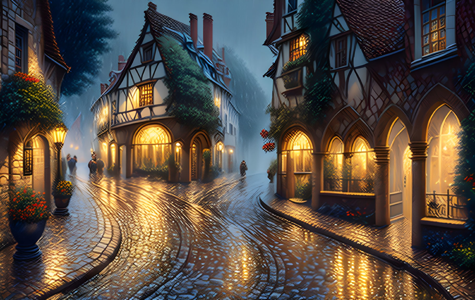 Twilight cobblestone street with half-timbered houses and people at dusk