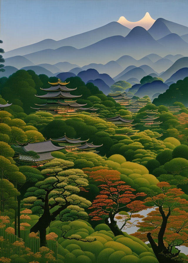 Japanese landscape with layered hills, pagodas, forests, and snow-capped mountain