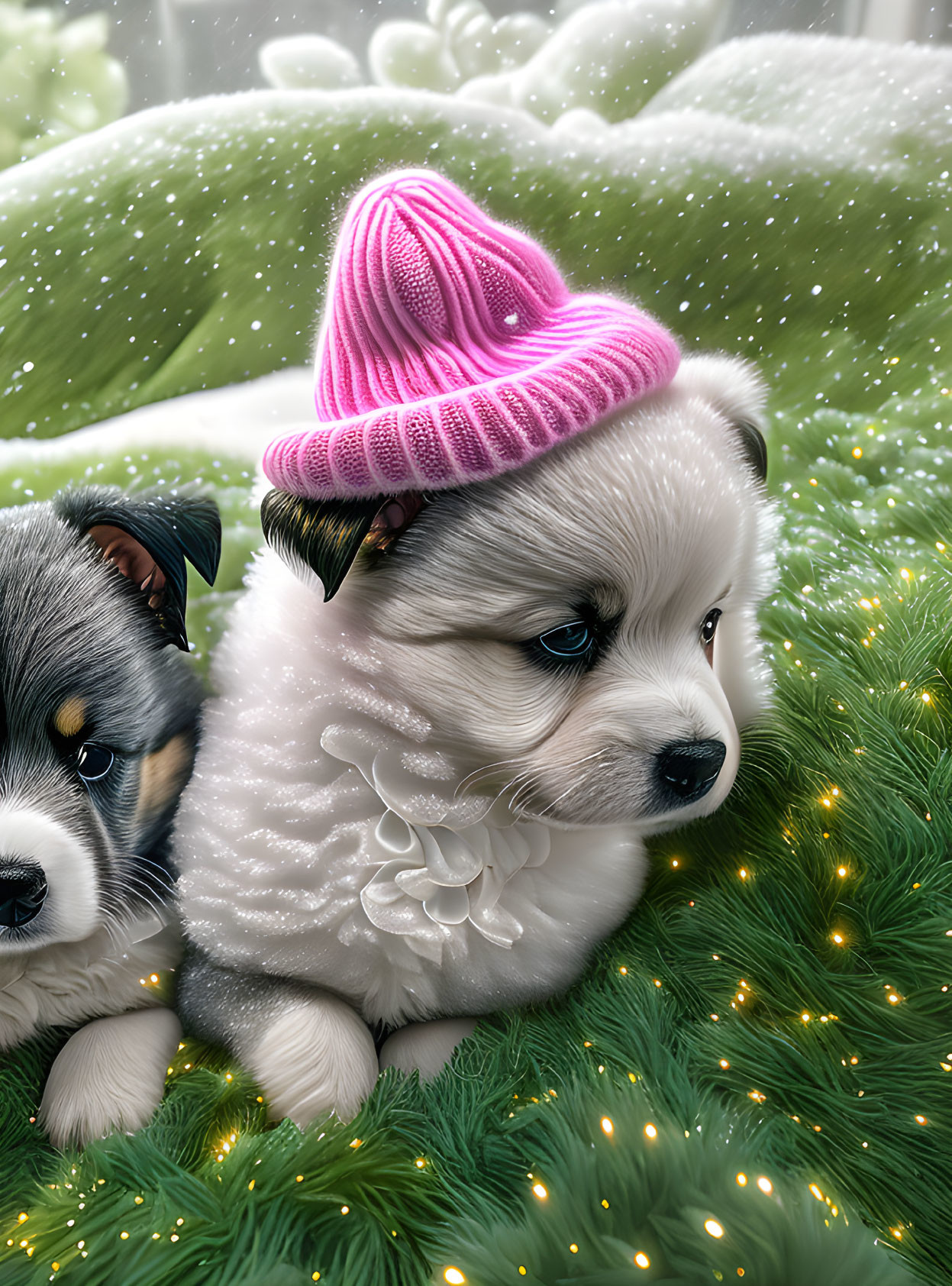 Fluffy puppies in pink hat among green branches with snowflakes