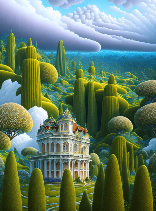 Fantastical landscape with green hills, unique trees, and Victorian mansion