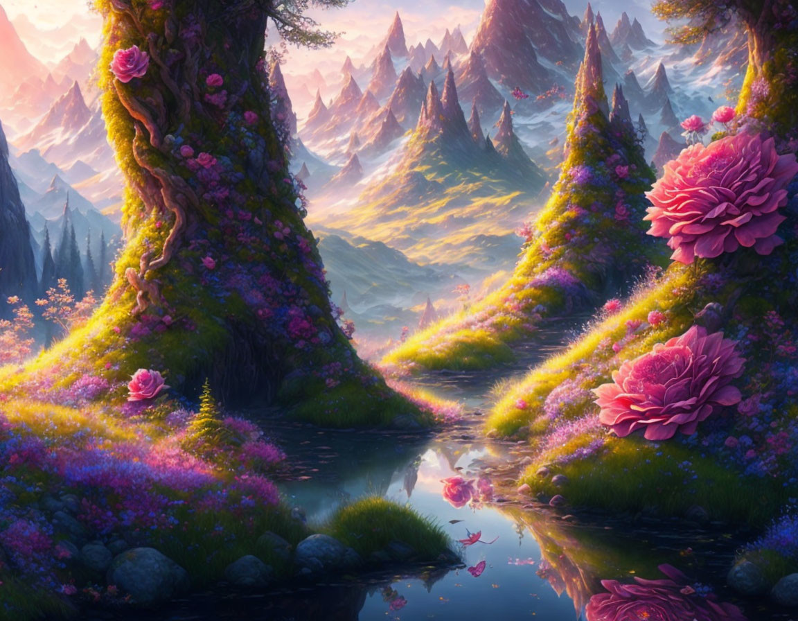 Tranquil fantasy landscape with pink and purple flowers, stream, and misty mountains