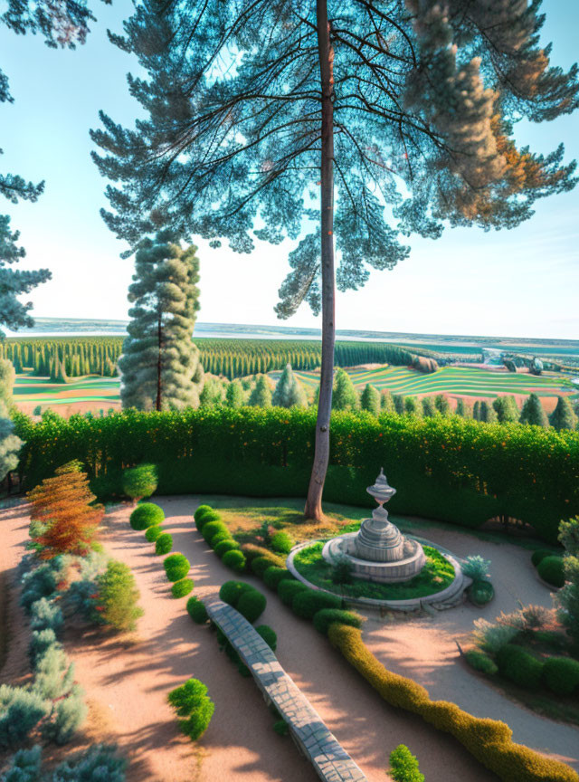 Tranquil garden with fountain, manicured bushes, tall trees, and expansive fields