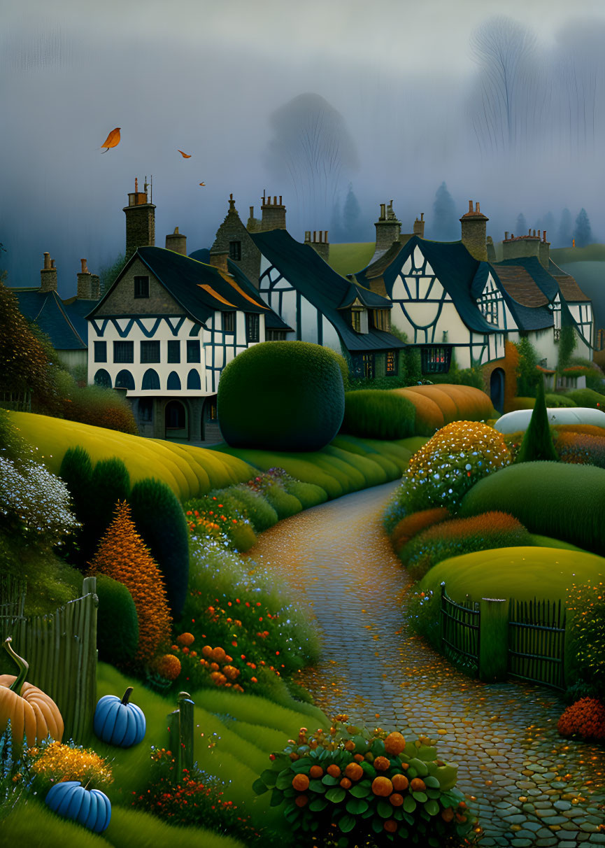 Illustration of Tudor-style village with gardens and topiary under overcast sky