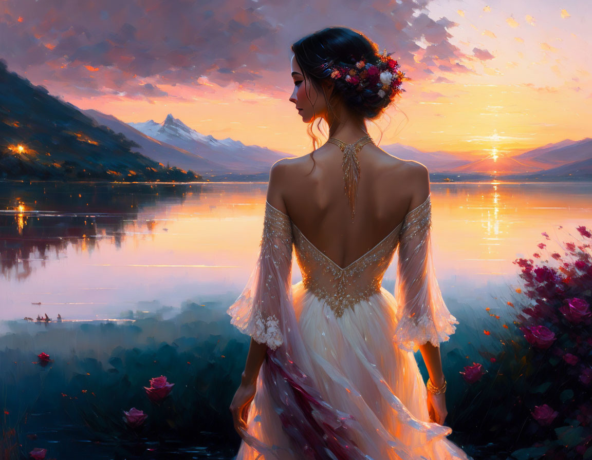 Woman with floral headpiece admiring sunset over mountain lake