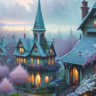 Twilight fairy-tale village with cherry blossoms & glowing cottages