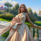 Platinum blonde woman in peach gown against scenic backdrop.