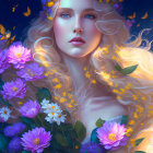 Ethereal portrait of a woman with flowers and butterflies.