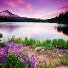 Tranquil lake with mountain, wildflowers, and colorful sky